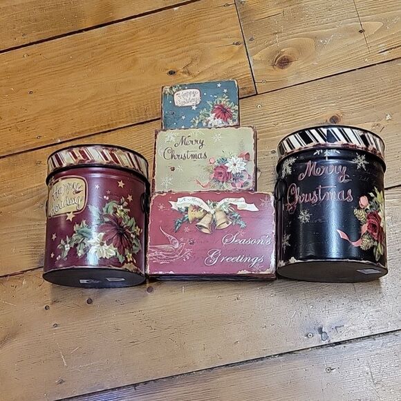 Metal tins with lids, 5 pc set of vintage christmas holiday - Picture 1 of 16